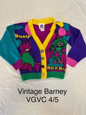 Vintage 1992 The Lyons Group Barney and Baby Bop Color Block Knit Cardigan